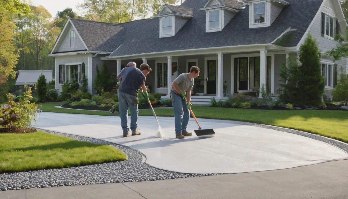 A new concrete driveway beside a Franklin Lakes home on a clear day